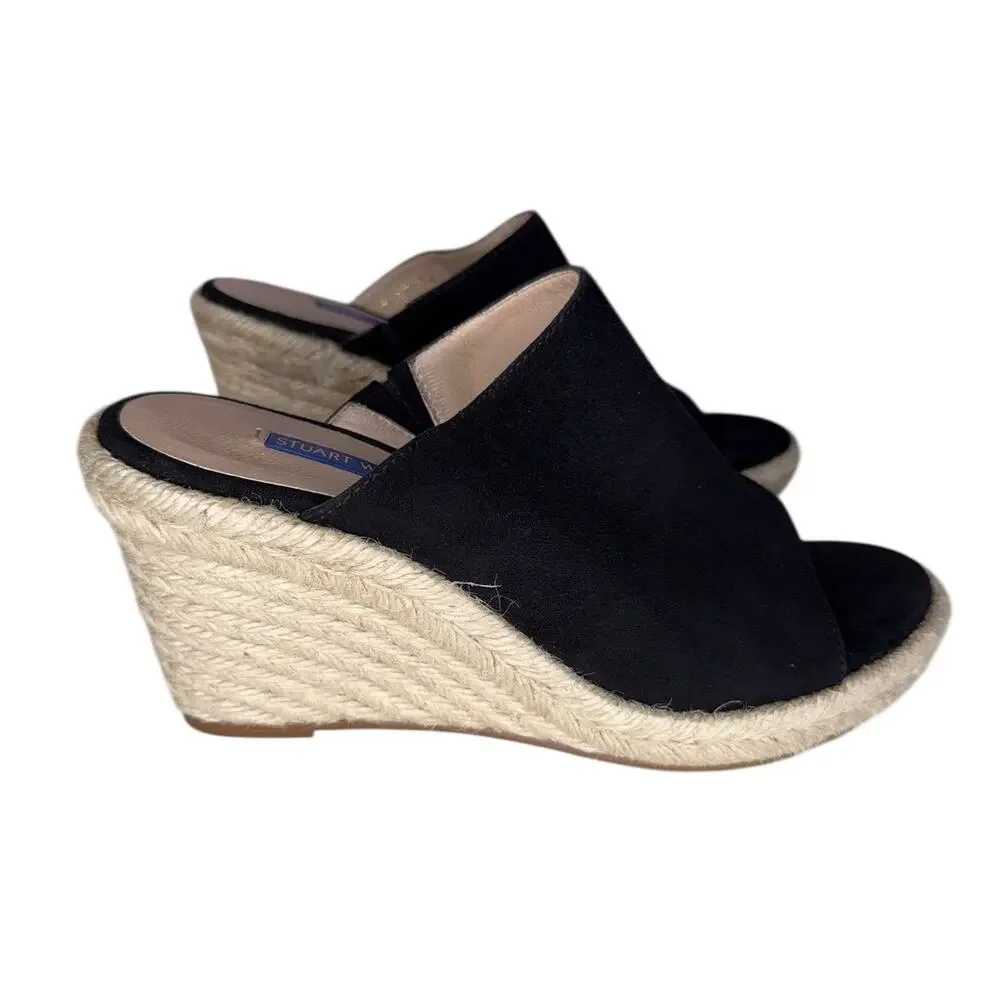 Stuart Weitzman Marbella Black Suede Espadrille Wedge Sandals Size 7.5 Like New